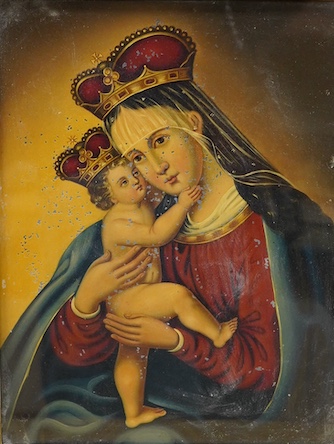 Early 20th century School, Portrait of Madonna and child, oil on metal panel, possibly aluminium or zinc, 33 x 25cm, gilt frame